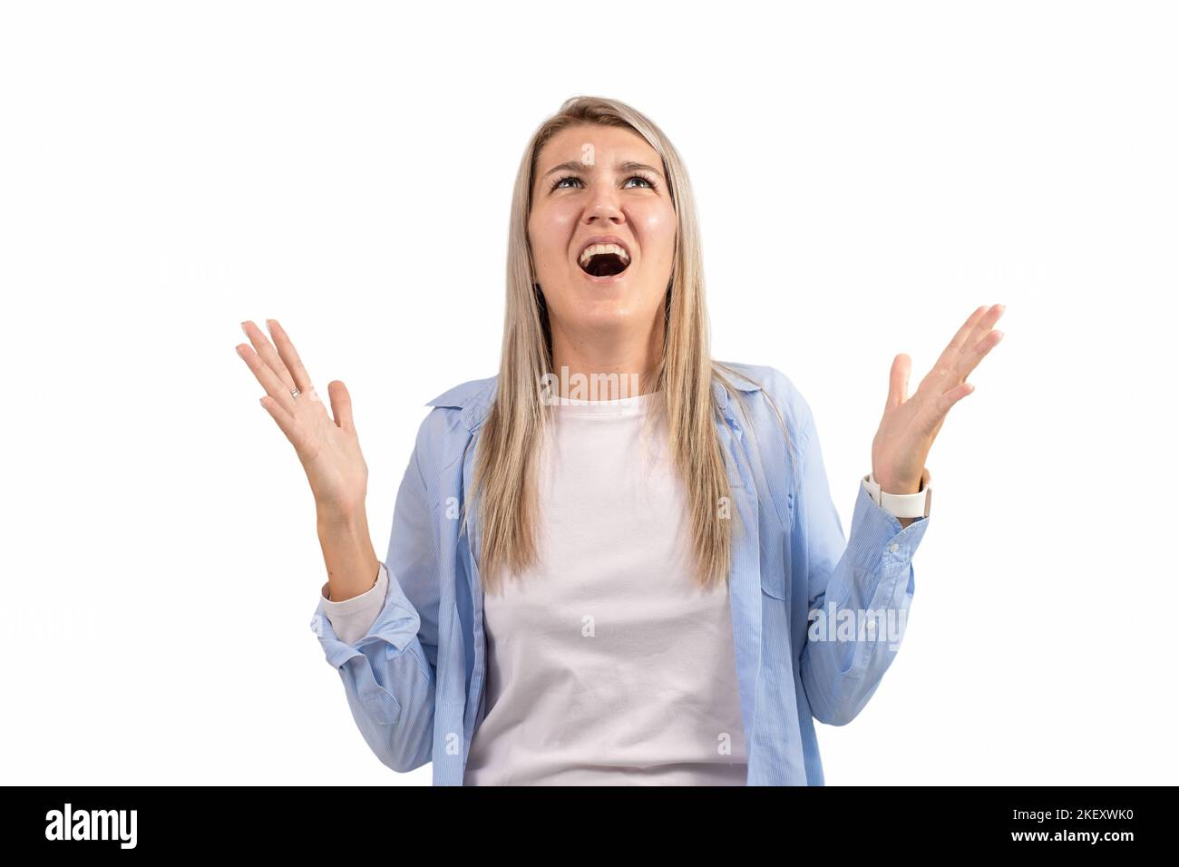 Woman emotion upset screaming isolated on white background Stock Photo