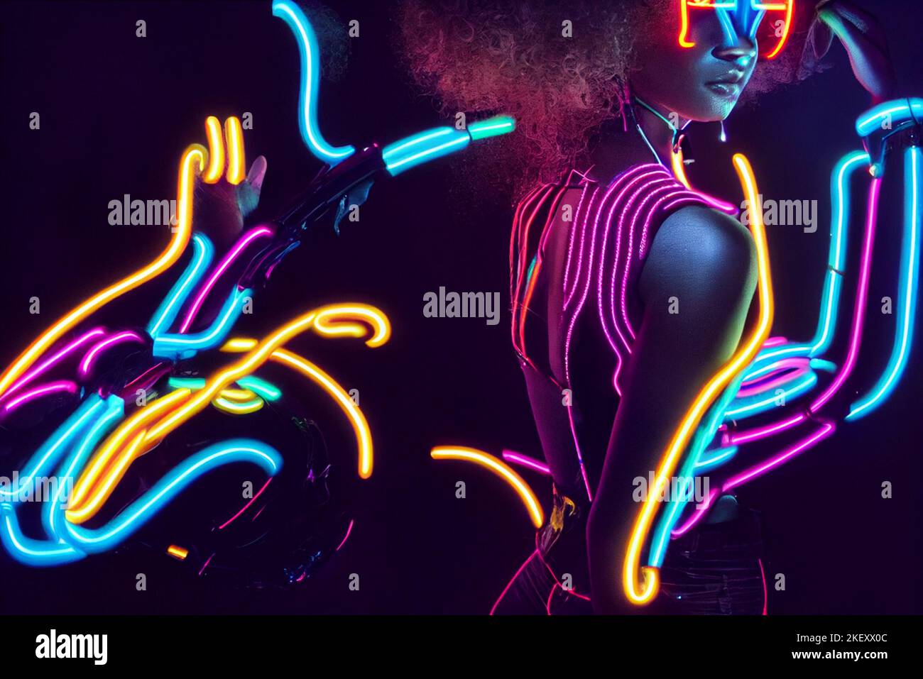 Neon lighting illustration of brightly glowing, electrified glass tubes