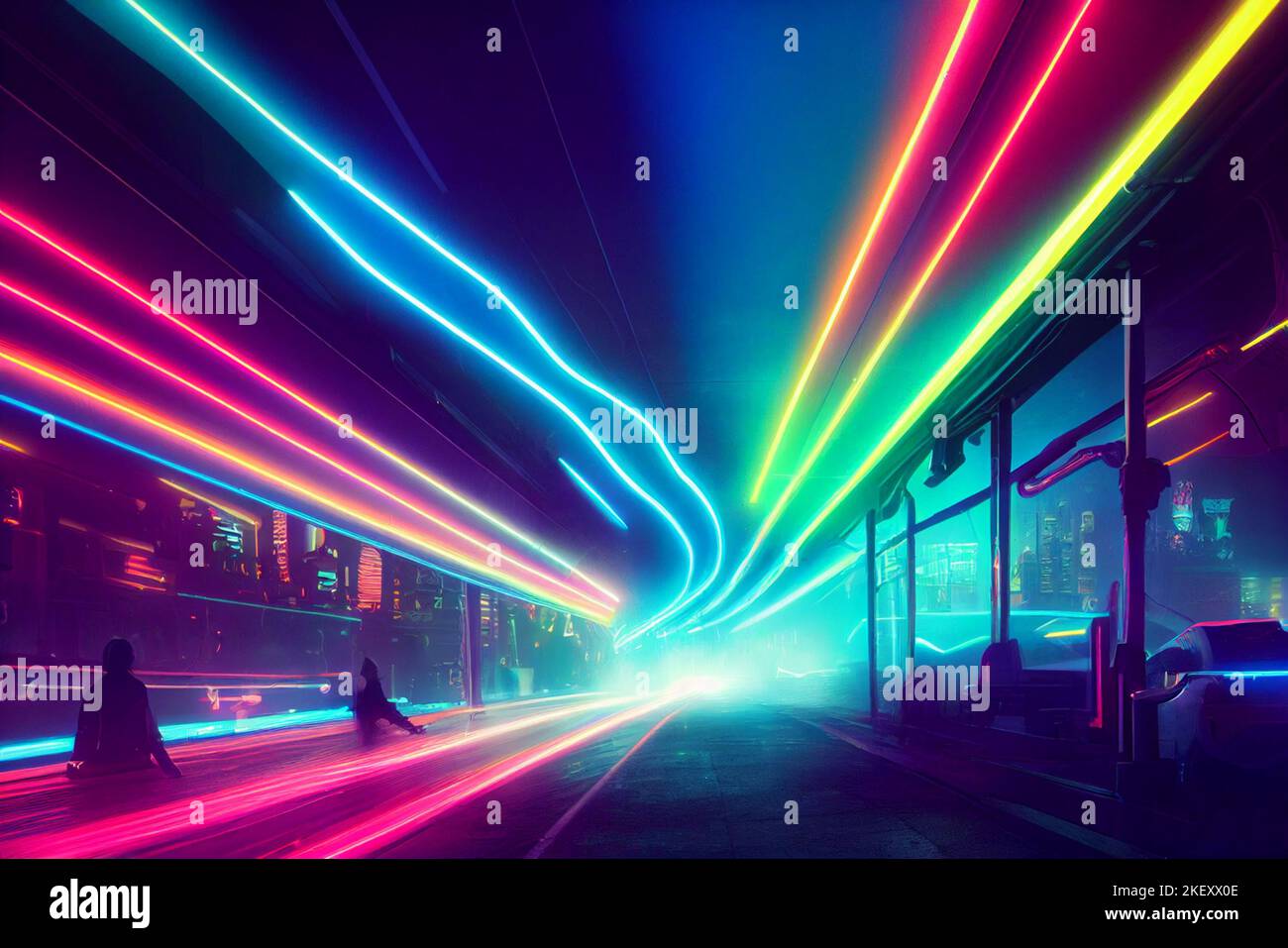 Neon lighting illustration of brightly glowing, electrified glass tubes