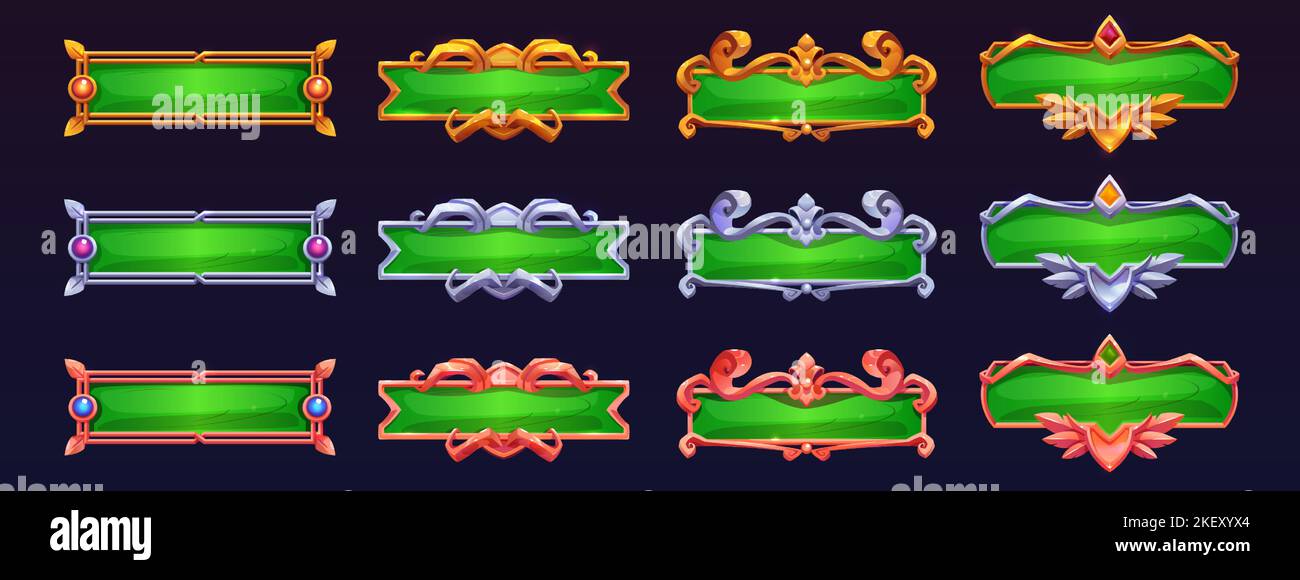 Green game buttons with gold, silver and bronze frames in fantasy ...