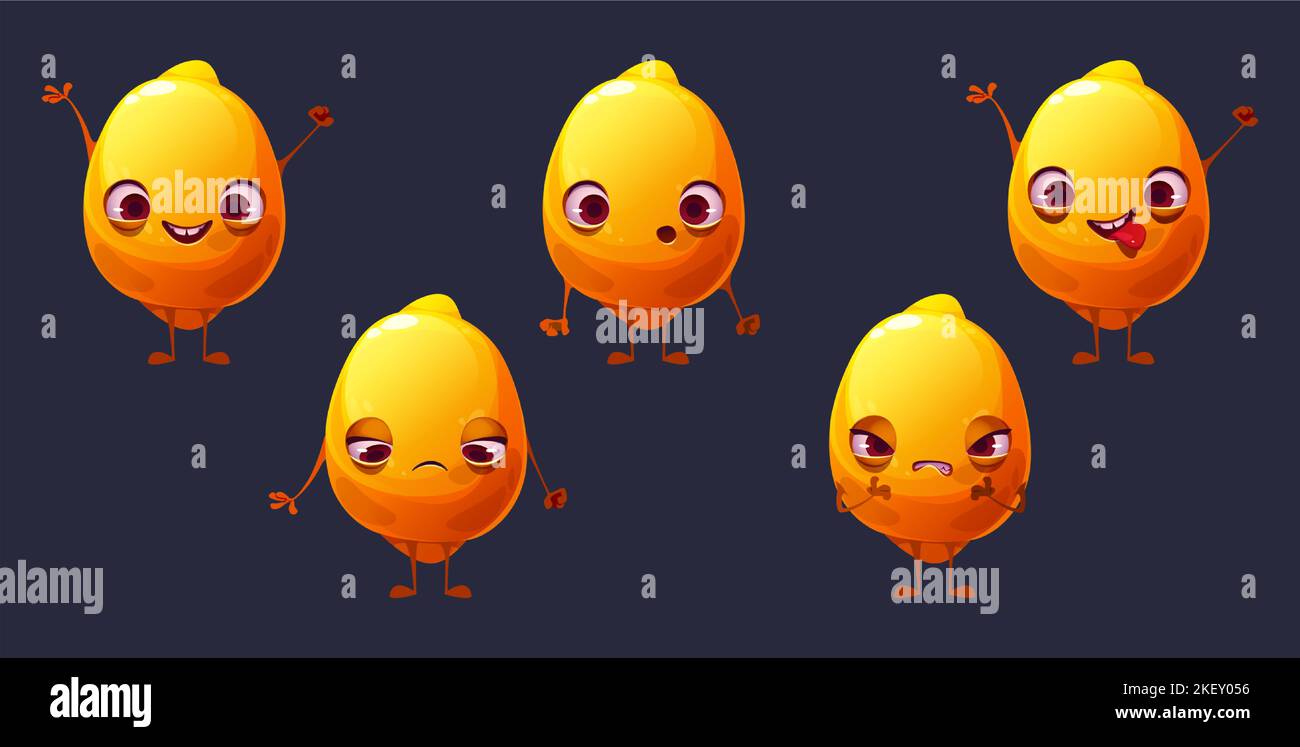 Cute lemon cartoon character face emoji set. Funny citrus fruit ui ...