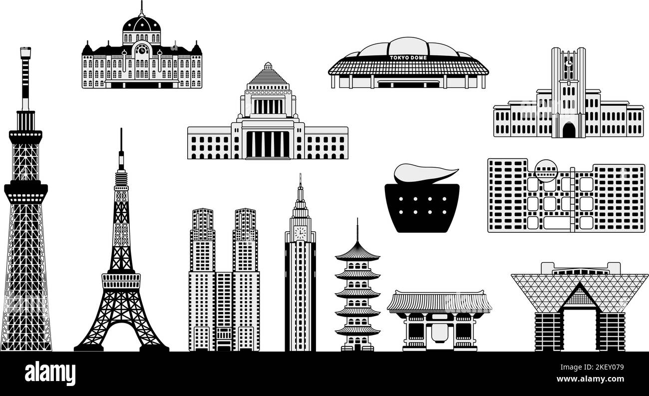 Tokyo landmark buildings (tower, temple etc.)  illustration set ( manga style ) Stock Vector
