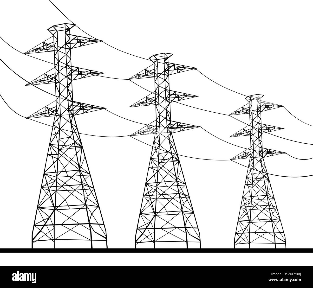 Line Drawing illustration of transmission tower or power line electricity pylons on isolated background done in black and white. Stock Photo