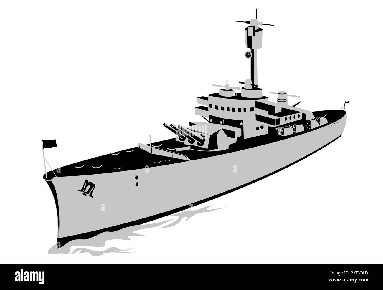 Illustration of a World War Two torpedo boat destroyer, Fletcher class or tin can at sea viewed from high angle aerial view on isolated background don Stock Photo