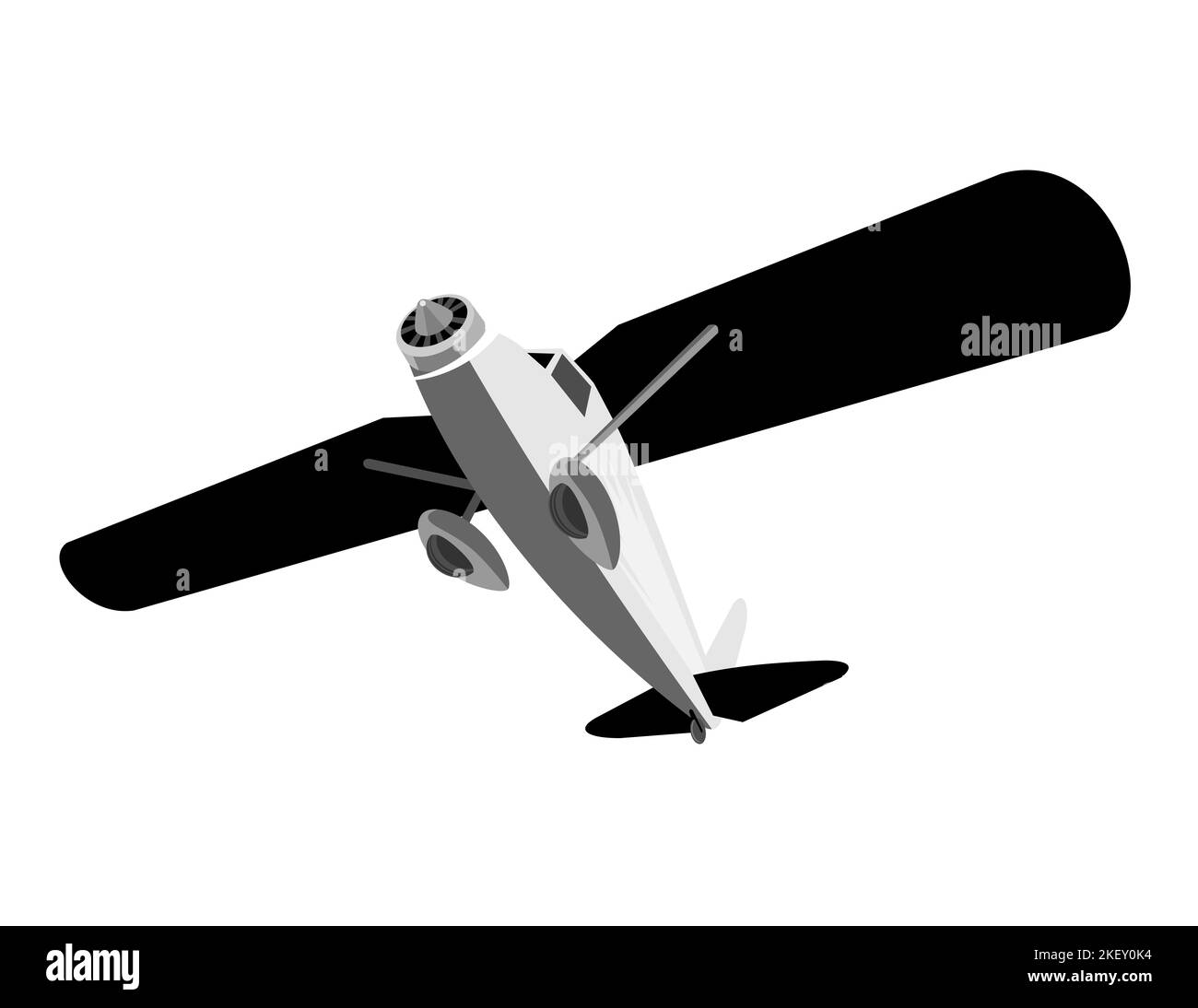 Illustration of a propeller airplane airliner on full flight flying overhead on isolated background done in retro style. Stock Photo