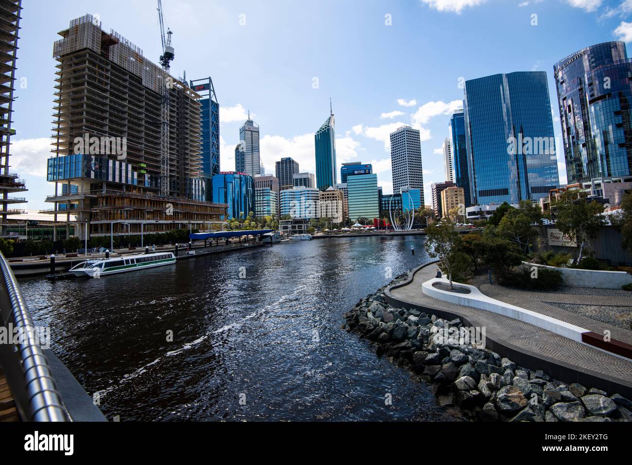 The financial, banking and mining headquarters of Perth, Western Australia seen from Queen Elizabeth Quay on the Swan River. Stock Photo