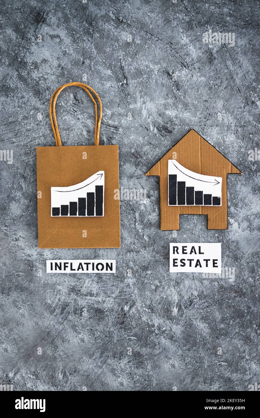 inflation going up and real estate value dropping conceptual image