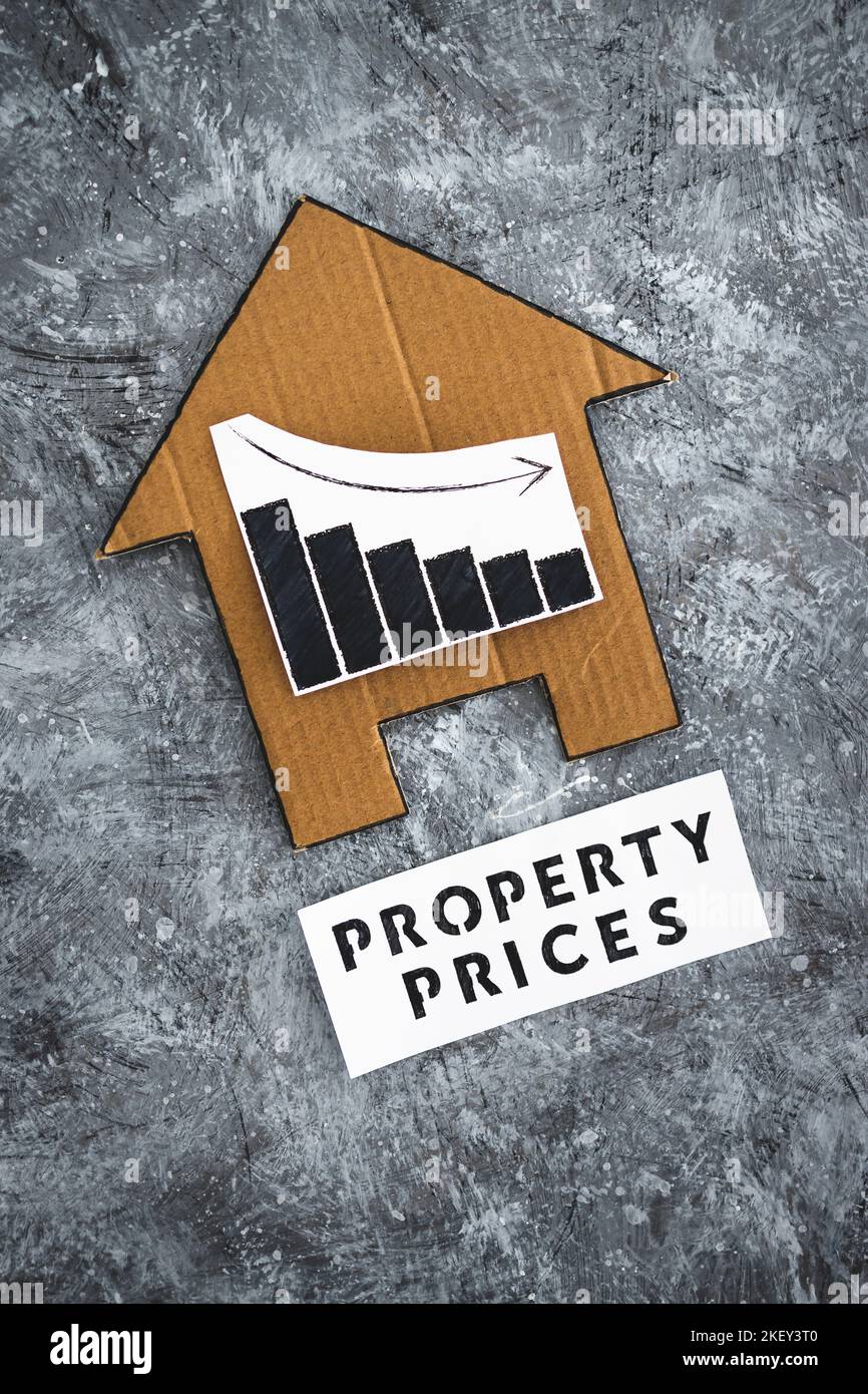 property prices dropping conceptual image, cardboard house with graphs ...