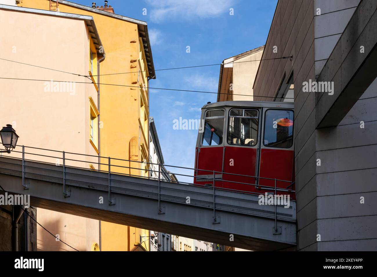 Red funicular in Lyon city, France Stock Photo