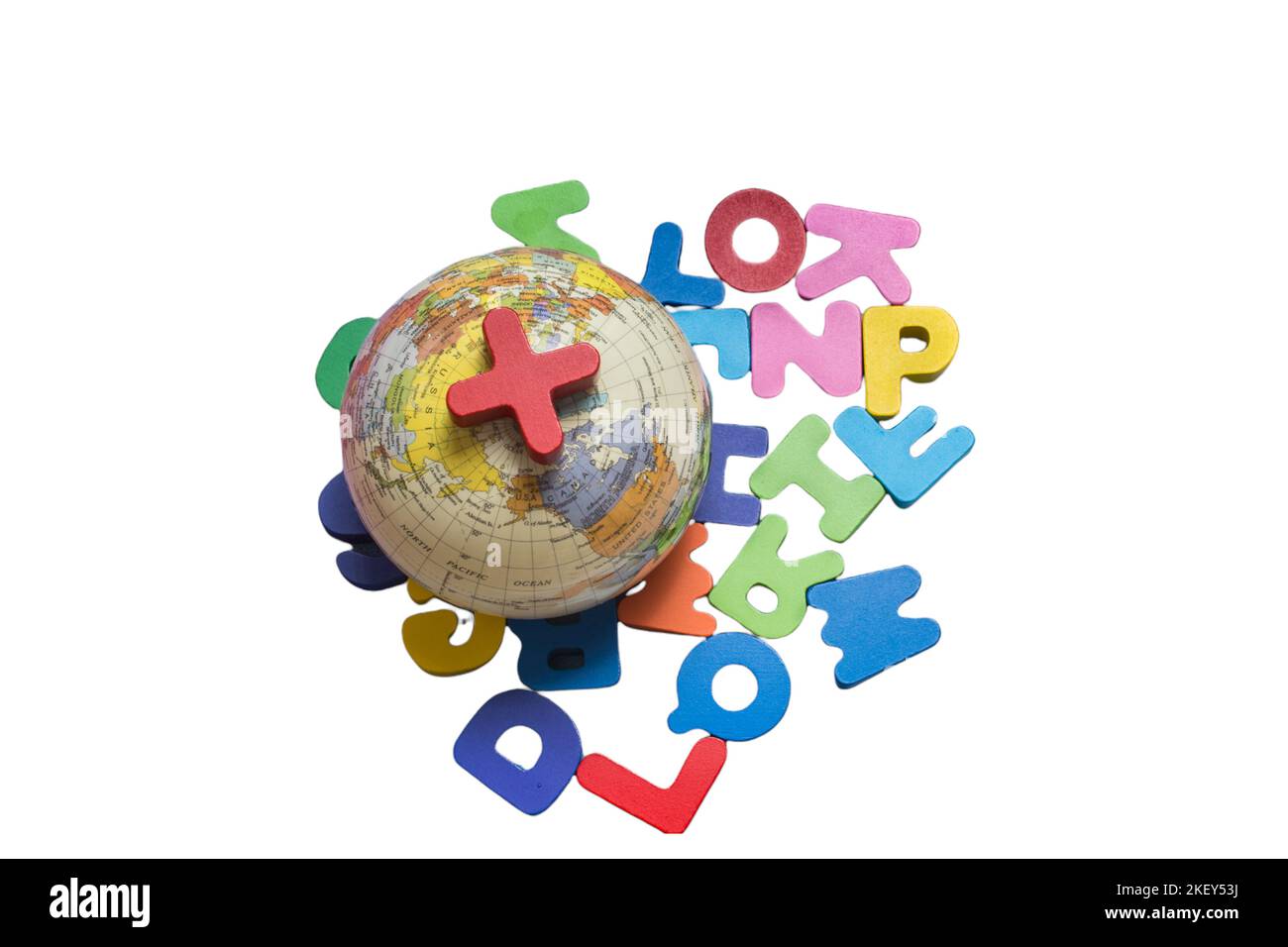 Colored wooden letters of the English alphabet on a white background, copy space Stock Photo