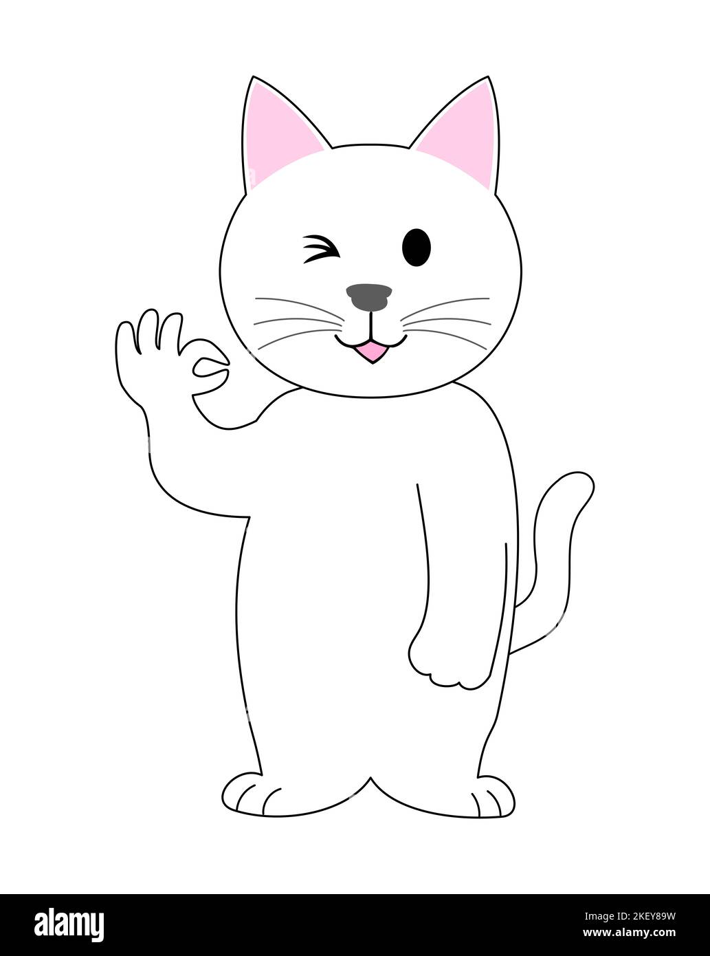A white cat with an ok sign: white background Stock Photo
