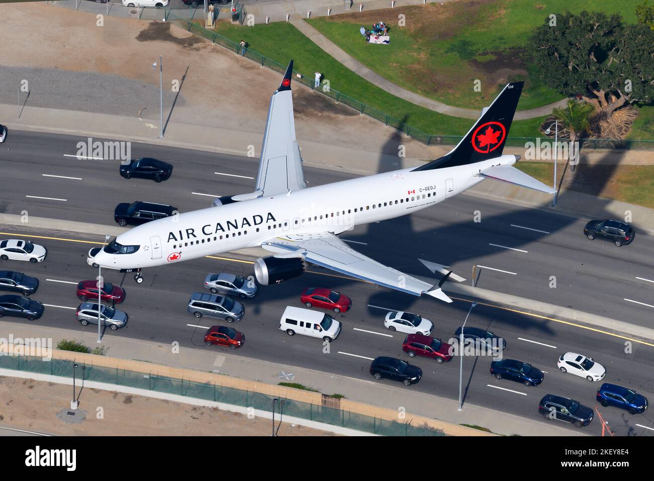 Air Canada Boeing 737-8 Max aircraft landing. Airplane 737 Max of Air Canada flying. Plane registered as C-GEOJ on approach. AirCanada 737-8MAX. Stock Photo