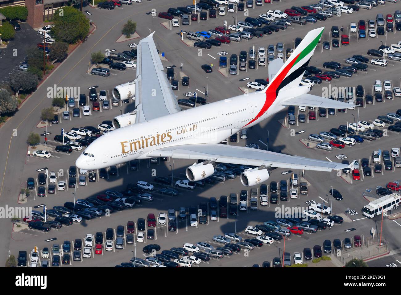 Emirates Airline Airbus A380 aircraft landing. Aerial view of Emirates Airlines A380-800 airplane. Stock Photo