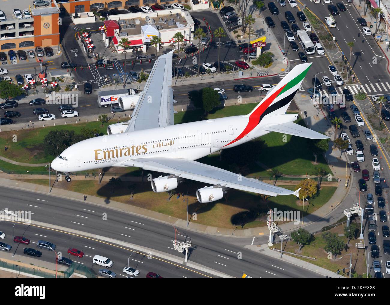 Emirates Airline Airbus A380 airplane landing. Aerial view of Emirates