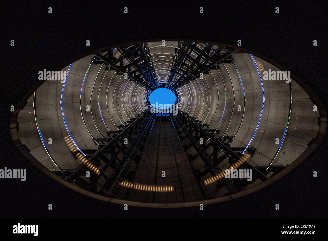 The interior of Lift 109 at Battersea Power Station, combining an exhibition space, housed in the former power station's art deco turbine hall A, with a glass elevator ascent to the top of the Grade II listed building's north-west chimney, reaching a viewpoint 109 metres above ground. Picture date: Monday November 14, 2022. Stock Photo