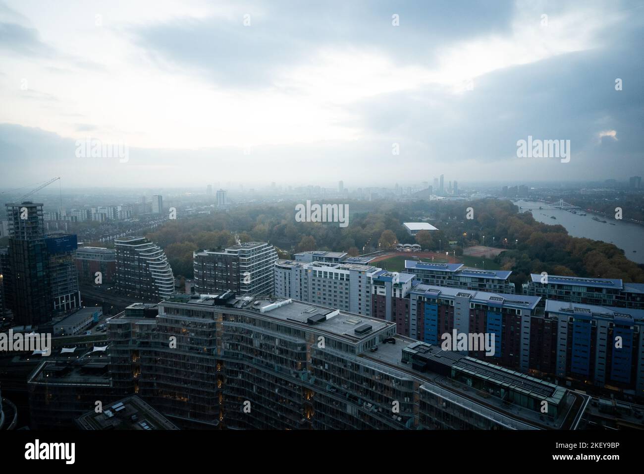 A view of Battersea Park from Lift 109 at Battersea Power Station