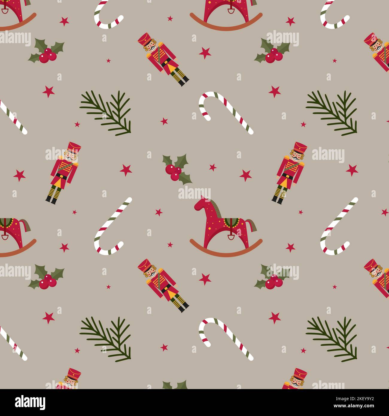 Christmas pattern with toy horse candy canes soldier nutcracker spruce branches christmas berry and stars Stock Vector