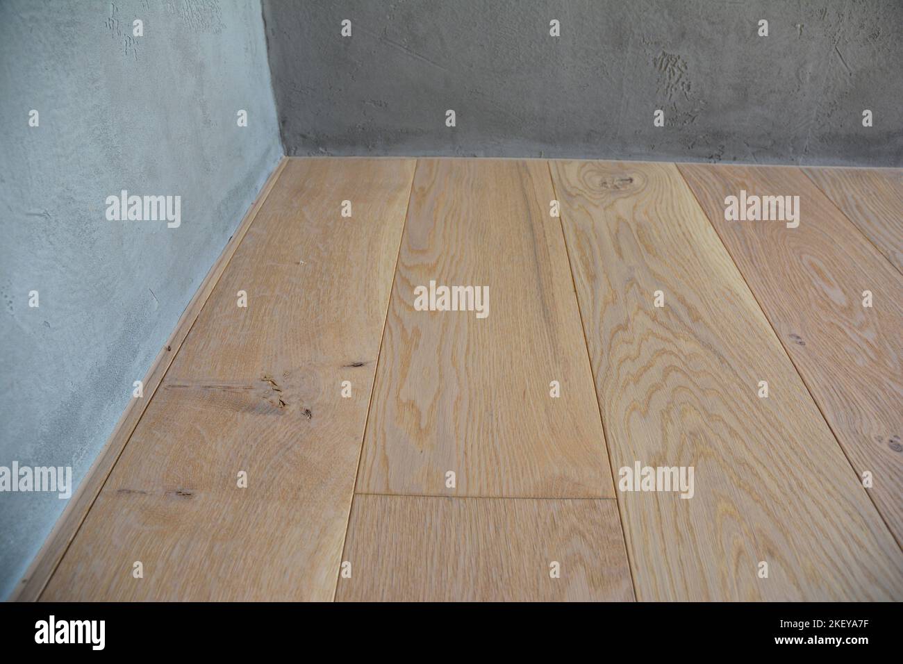 Skirting Board and Architrave. Close up on oak wood flooring, thin