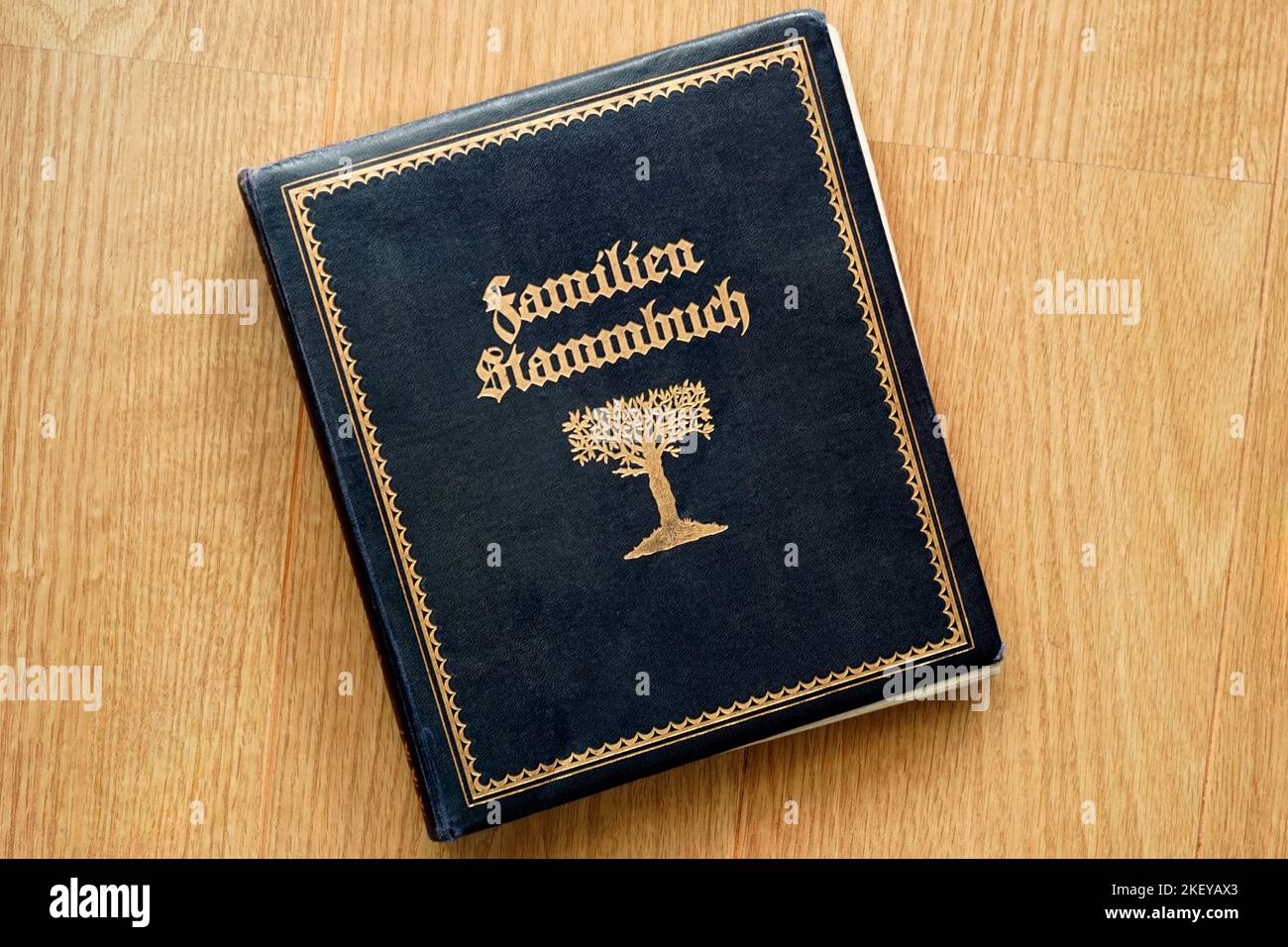 A blue German family register from the 1929. Issued on the day of marriage, these booklets are one of the most recent sources of family history. 'Fami Stock Photo