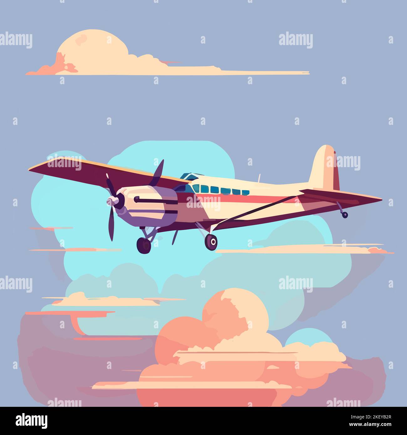 An editable vector illustration of an airplane flying against a beautiful cloudy sky Stock Vector