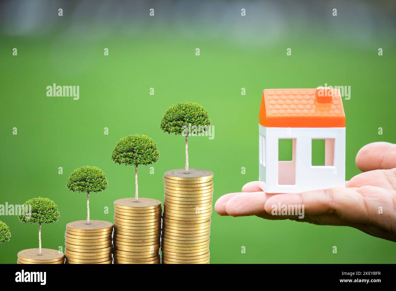 Rising house prices idea concept. Trees and top house model on stacked coins against green background. Real estate and money affairs in Turkey. Stock Photo