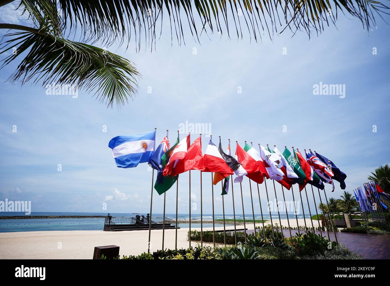 Nusa Dua, Indonesia. 15th Nov, 2022. The flags of the G20 nations wave