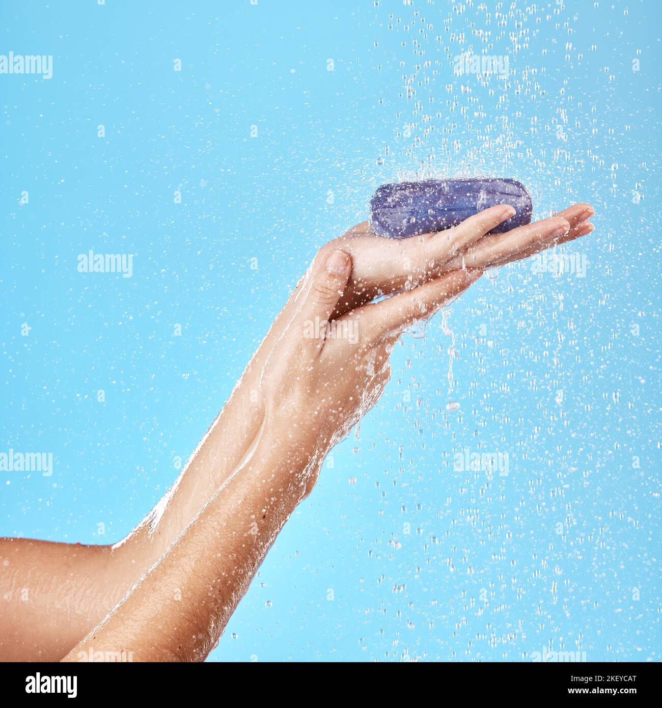 Shower, water splash or soap in hands for health, cleaning or wash