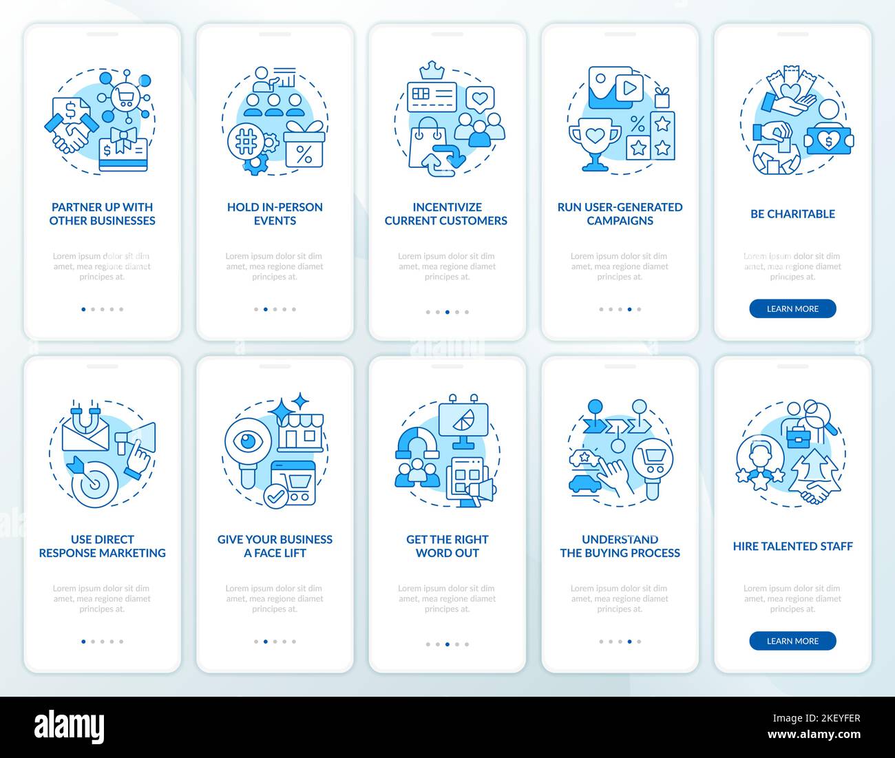 Ways of finding customers blue onboarding mobile app screen set Stock ...