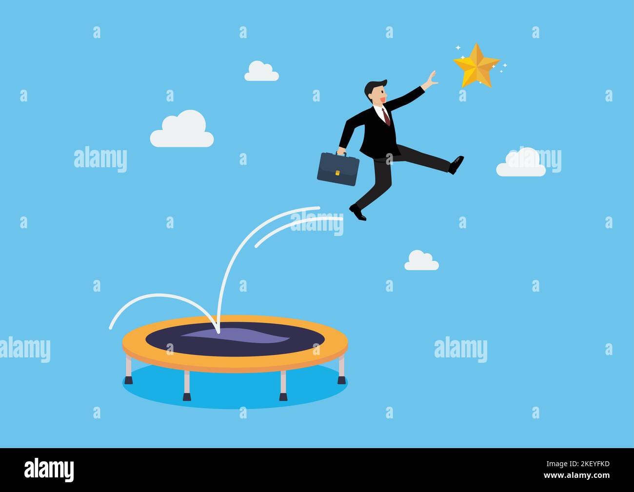 Businessman bounce on trampoline jump flying high to grab star. Business concept. Vector illustration Stock Vector