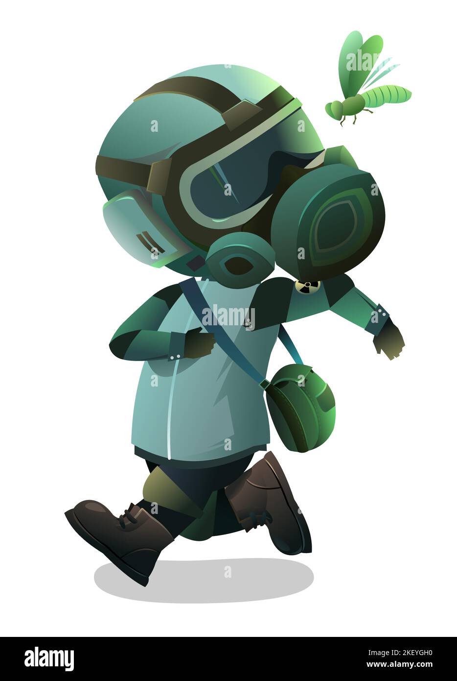 Man in gas mask running away from radiation mutant insect. Character in chemical protection against radioactive dust. Cartoon person post-apocalypse. Stock Vector