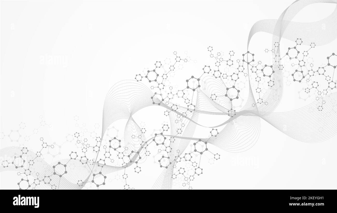 Modern scientific background with hexagons, lines and dots. Wave flow