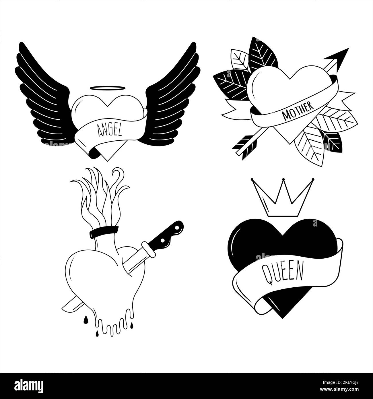 Flaming hearts tattoo in y2k, 1990s, 2000s style. Emo goth element