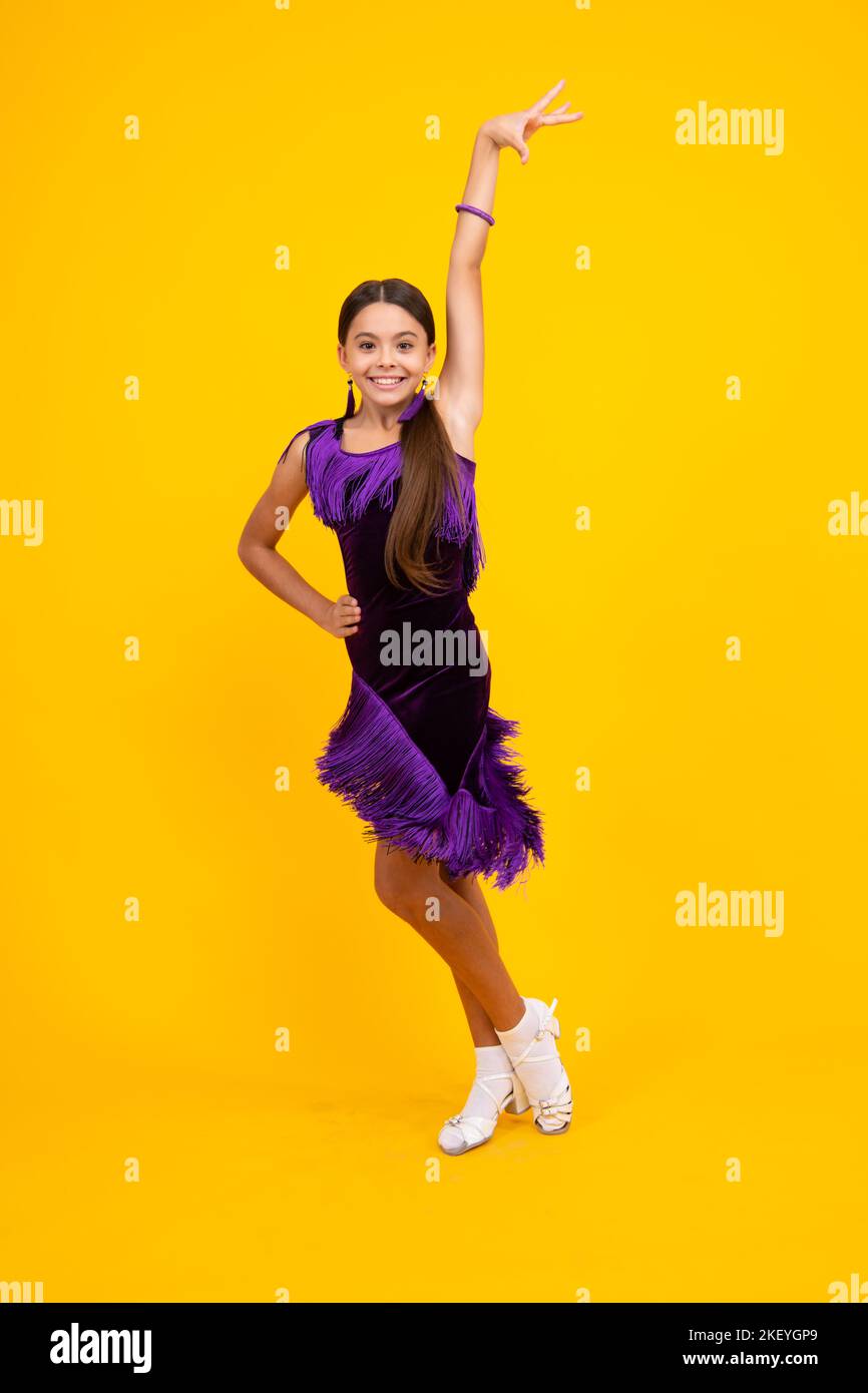 Dance school, teenager child ballroom dancer. Teen girl in ballroom