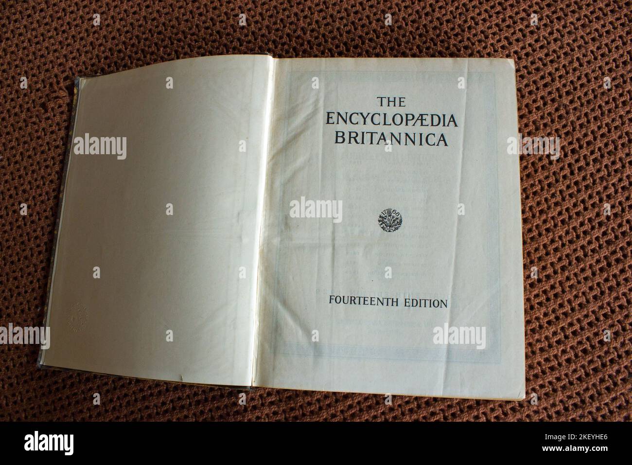 Mpumalanga, South Africa , September 2017, illustrative editorial image of title page of fourteenth edtion of Encyclopaedia Britannica with book opene Stock Photo