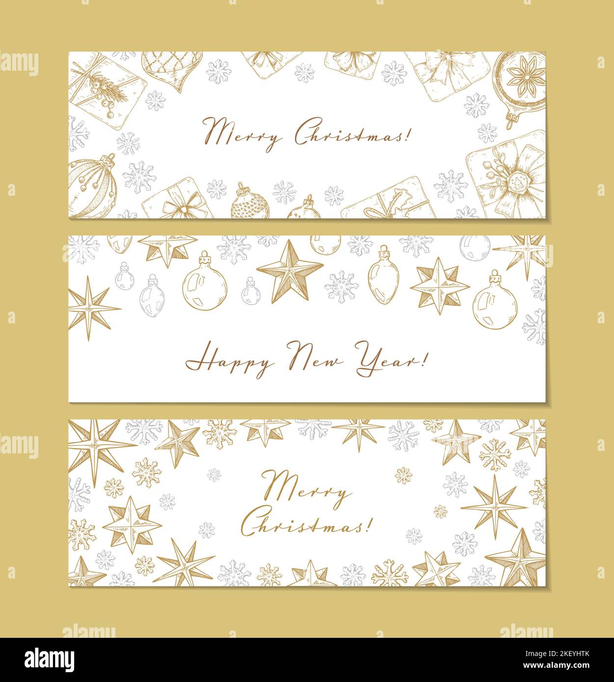 Set of Merry Christmas and Happy New Year horizontal greeting card with ...