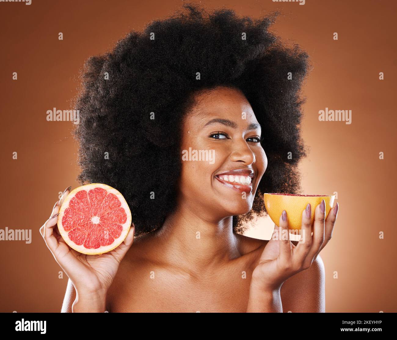 Beauty, skincare and grapefruit with portrait of black woman for vitamin c, nutrition and health. Wellness, diet and citrus product with girl model Stock Photo