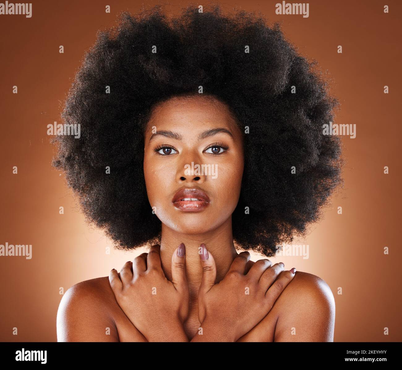 Natural hair, studio and black woman in beauty portrait with skincare, cosmetics and salon for youth wellness, power and self love promotion. African Stock Photo