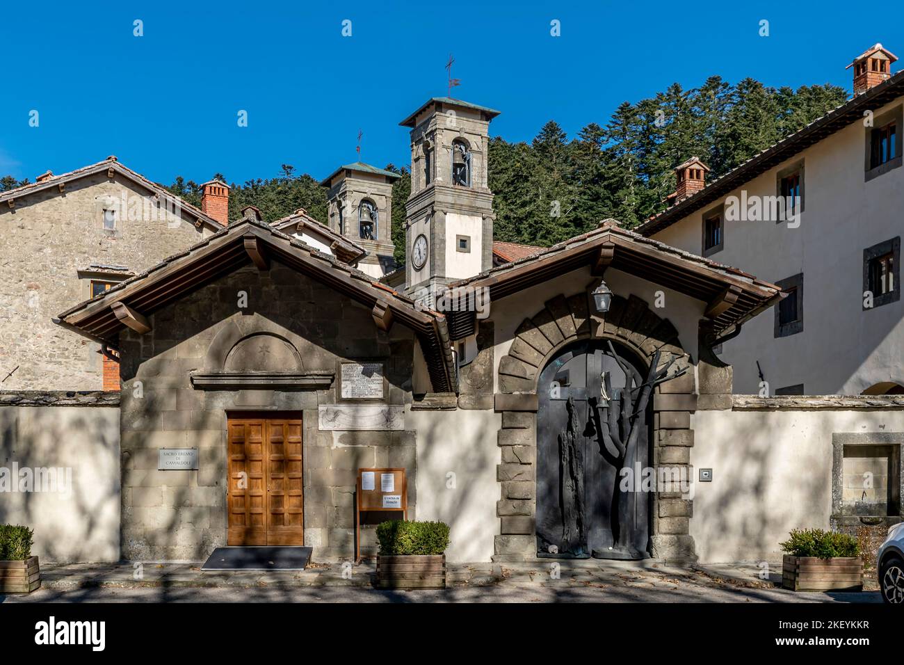 The entrance to the Sacred Hermitage of Camaldoli, Arezzo, Italy, on a sunny day Stock Photo