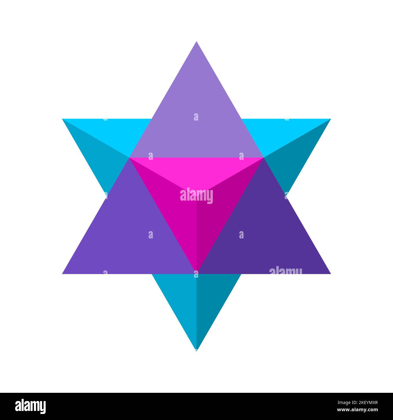 Colorful stylized Merkaba symbol. Sacred geometry shape. Star tetrahedron. 3D object made out of two triangles facing opposite directions. Modern logo Stock Vector