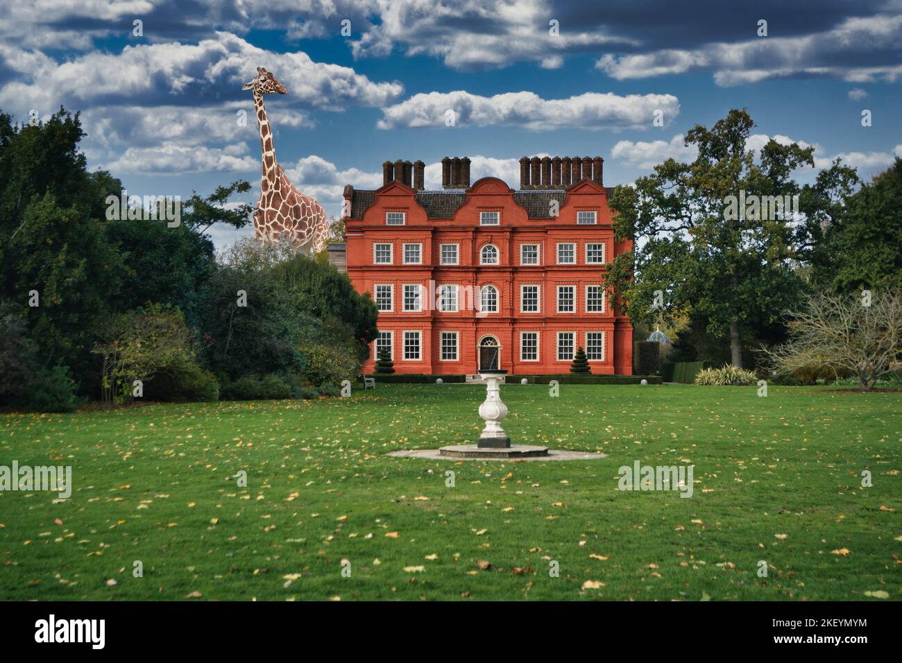 Kew Palace or Dutch House, Kew Gardens, Surreal setting with Giraffe