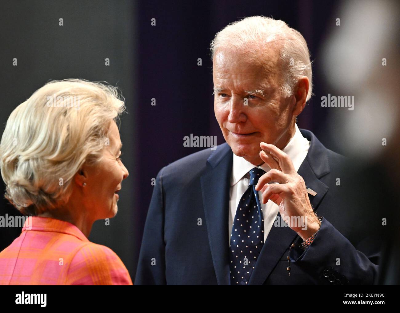 President of the European Commission, Ursula von der Leyen speaks with US President Joe Biden during the G20 summit in Bali, Indonesia. Picture date: Tuesday November 15, 2022. Stock Photo