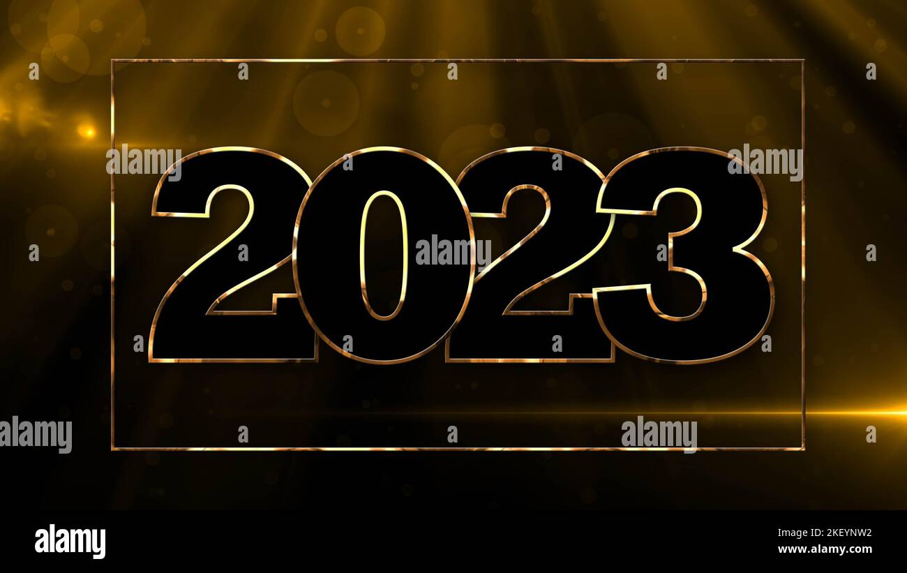 Year 2023 in gold colour - luxury background with golden elements - 3D Illustration Stock Photo