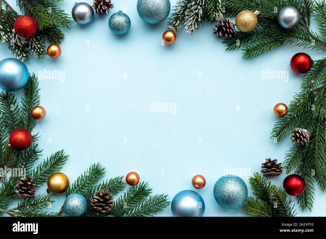 Festive Christmas background with fir branches and decoration. Greeting ...