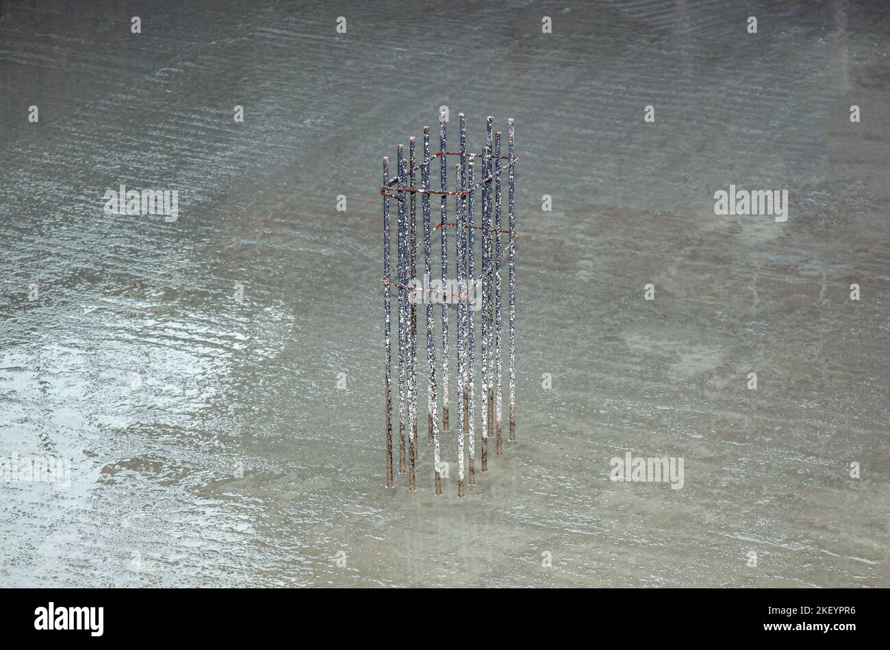 Bar used to make house pillars using rebar as a column with a cement floor behind.Steel bars
