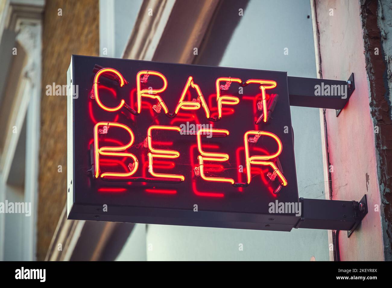 Neon sign for craft beer in East London, England Stock Photo