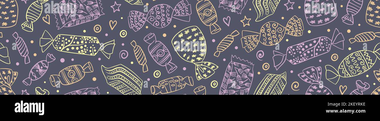 Seamless background with candies in wrappers. Hand drawn doodles ...