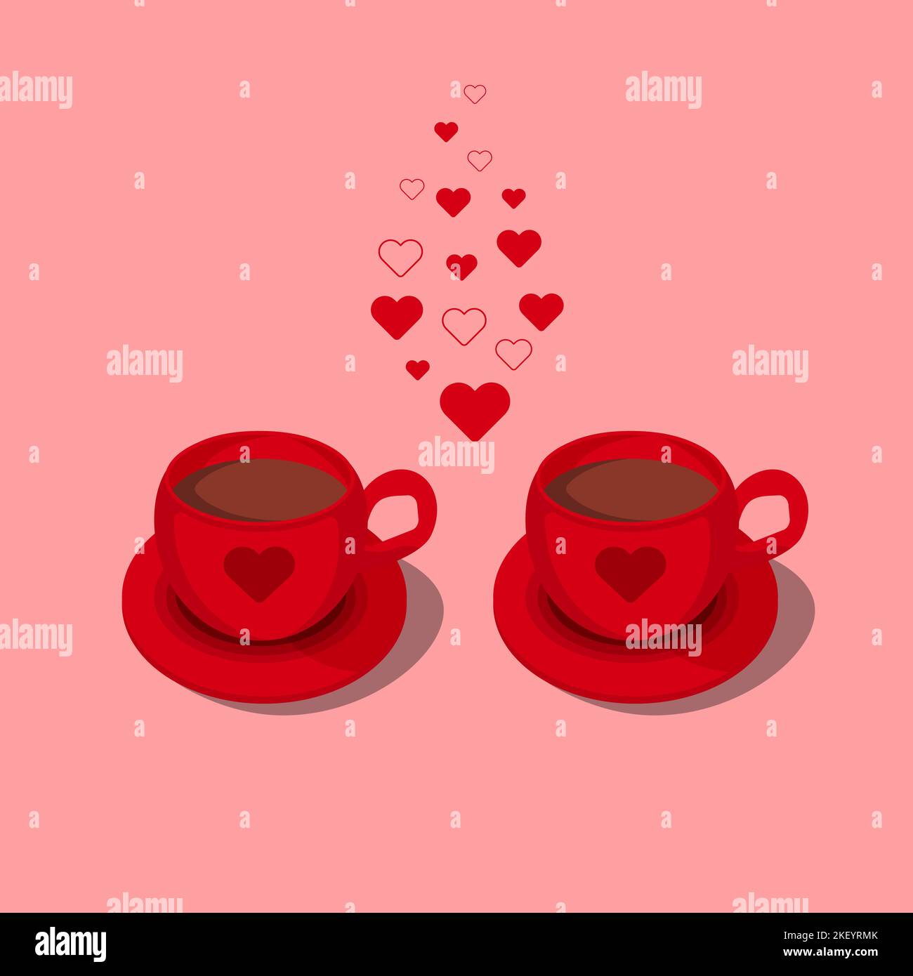 Two red cups of hot chocolate with heart ornament and steam like the shape of little hearts. Love greeting card vector illustrations, Isolated design elements Stock Vector