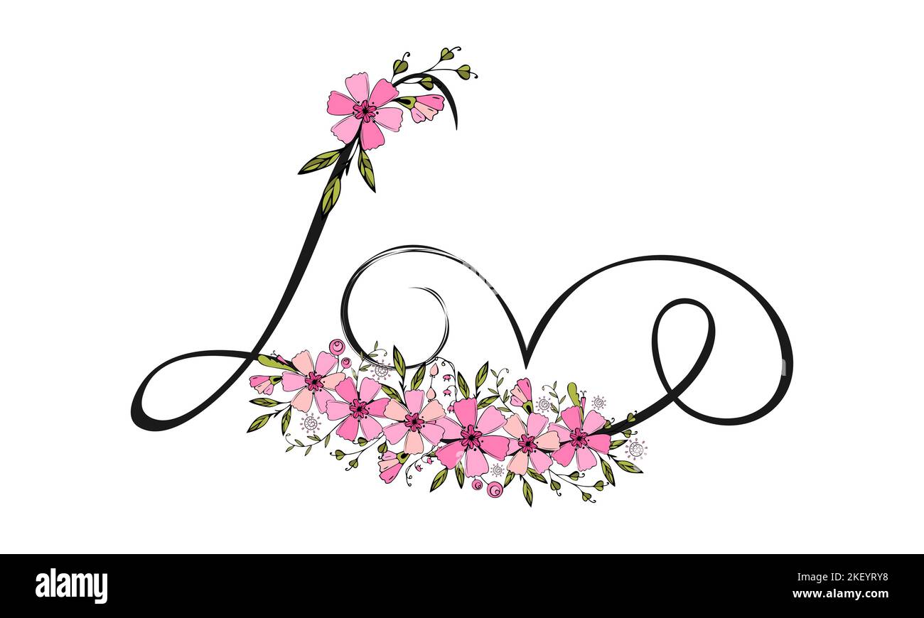 Love passion lettering with flowers doodle ornament, brush inscription. Vector illustration Stock Vector