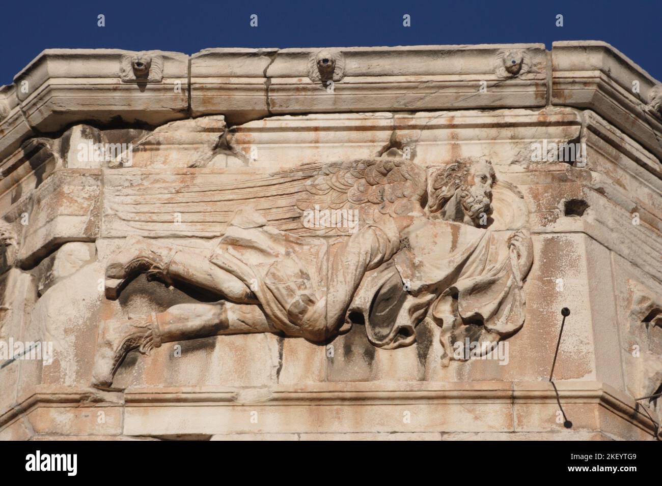 Frieze on the Tower of the Winds, the Horologion of Andronikos Kyrrhestes, in the Roman Agora, Athens, Greece Stock Photo