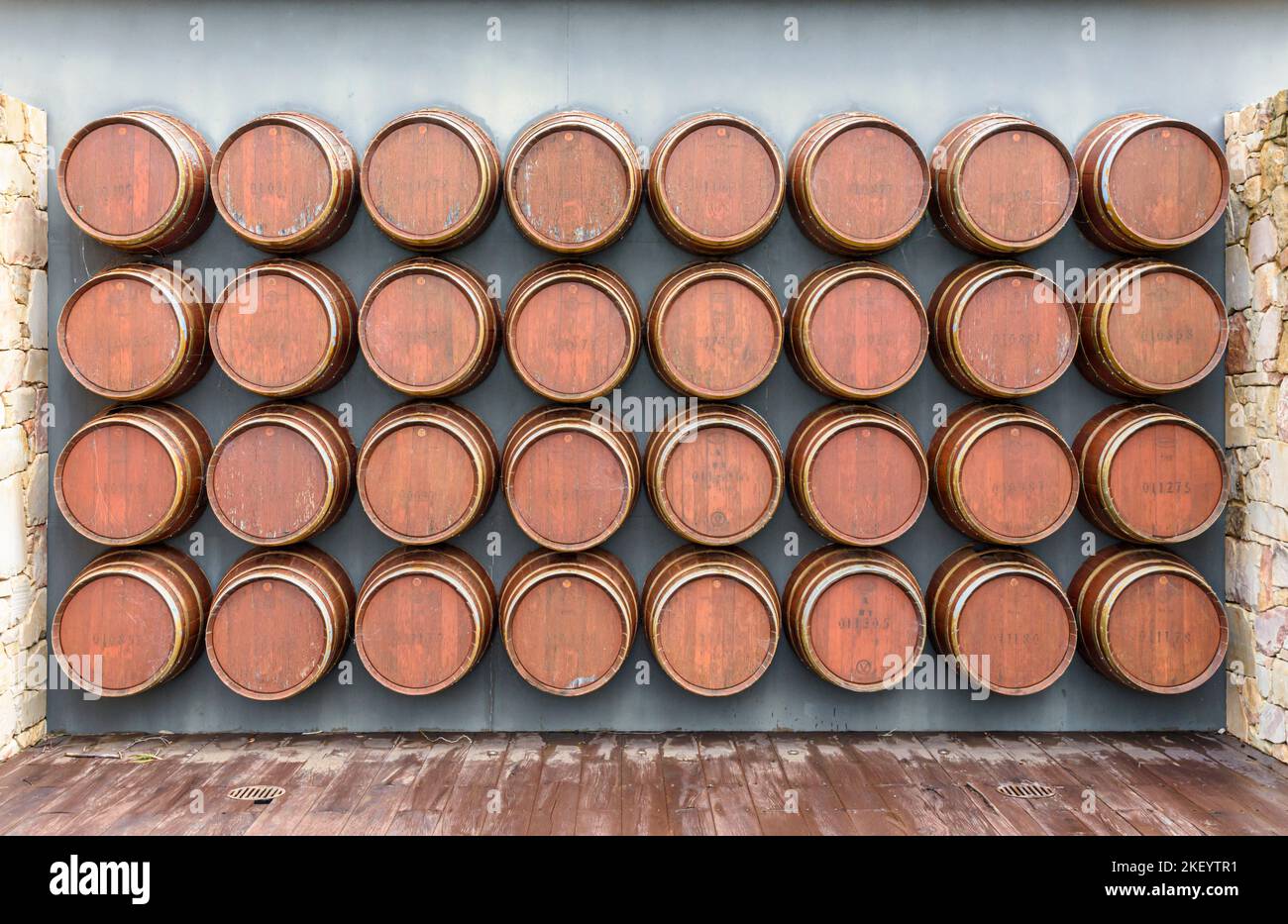 Wall decoration design of half barrels at the Black Brewing Co brewery